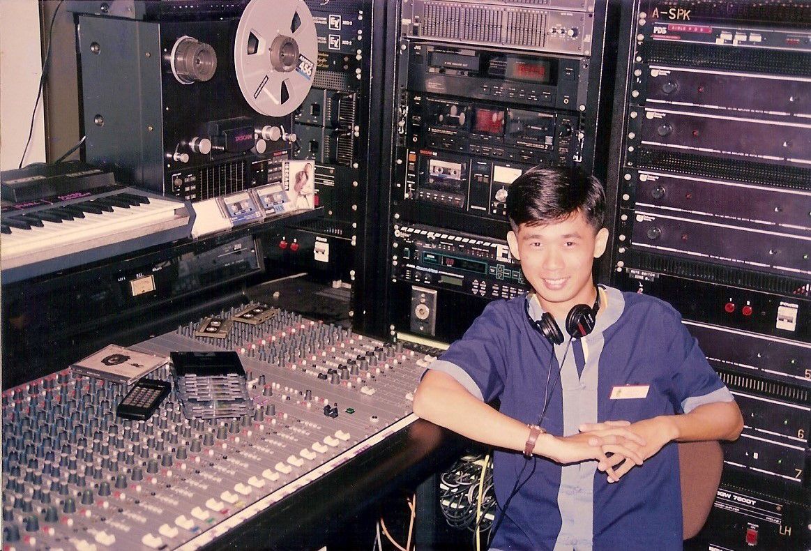 Dongnan inside the control room of the South China Sea Amphitheatre, where he coordinated sound effects for performances, 1991 (Image credit: Dongnan Zheng)